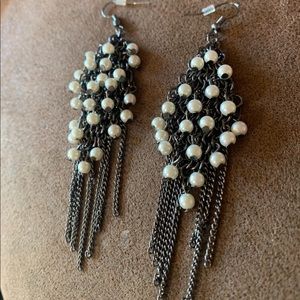 White Bead and Chain Dangle Earrings